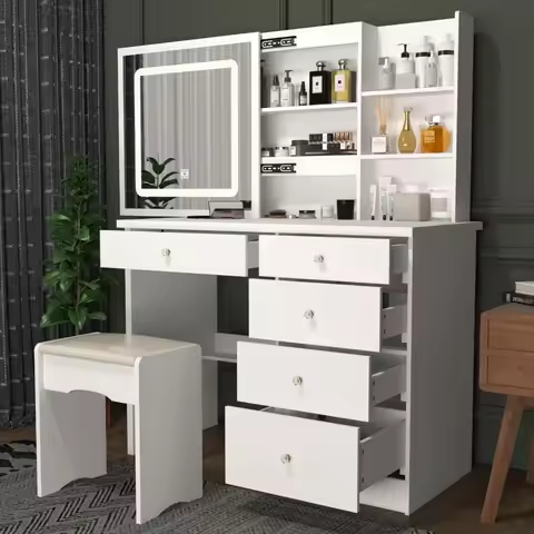 Large Vanity Set Makeup Vanity Dressing Table with Sliding Lighted Mirror, 5 Drawers & Shelves, Dres
