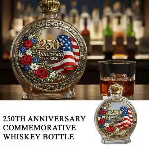 250th Anniversary Glass Decanter Bottle 3D Embossed USA Flag Floral 1776-2026 Liquor Bottle for Bour