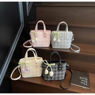 Women's handbag, checkered PU leather bag with lovely flower charm Uyen store DK222