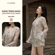 [KOL] LiLiQi By LeeGi Rose Designed Silk Shirt Set with Ruffled Sleeves and Pants (Free Flower Choke