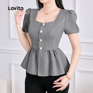 Lovito Elegant Blouse Button Ruffle Hem Good Texture Spring/summer Black Blouse for Women L137ED655