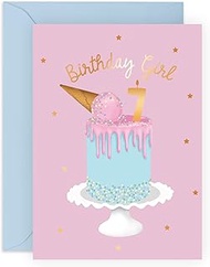Seventh Birthday Card for Girls - Happy 7th Birthday - Age 7 - Seven Year Old - Pink Ice Cream Cake 