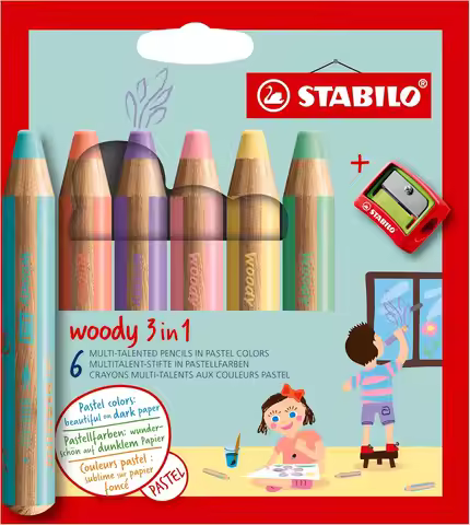 3-in-1 Chunky Pencil: Colored, Watercolor & Wax Crayon - Pack of 6 Pastel Colors with Sharpener