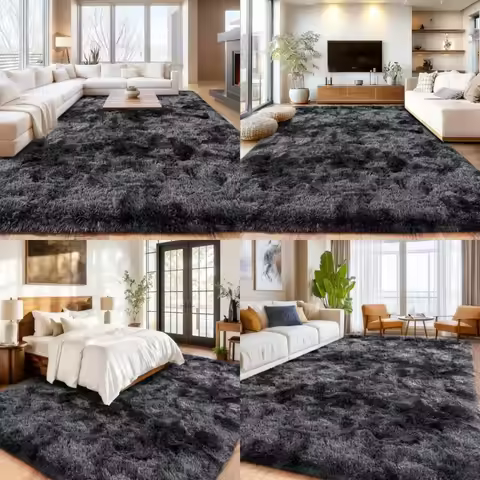 Shaggy Area Rugs, Fuzzy Rugs for Living Room, Soft Nursery Area Rug for Girls, Tie Dye Black Gray Pl