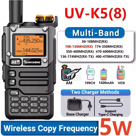 Quansheng UV-K6 Walkie Talkie 5W Air Band Radio Tyep C Charge UHF VHF DTMF FM Scrambler NOAA Wireles