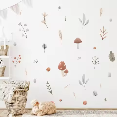 Boho Watercolor Mushroom & Leaves Wall Decal, Neutral Tone Botanical Removable Nursery Sticker