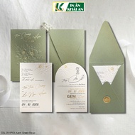 [KA-25VIP3B] Standing wedding invitation with 3D embossed flower pattern, beige green art paper