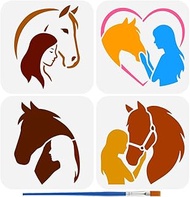 FINGERINSPIRE Set of 4 Horse Stencils with 1 Piece 15 x 15 cm Large Plastic Brushes, 4 Styles Templa