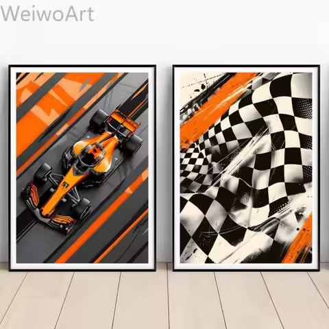 F1 Racing Car Canvas Wall Art, Helmet Track Flag Poster and Print, Motorsport Painting for Game Room
