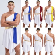 inhzoy Mens Roman Greek Role Play Outfit Halloween Costume Color Block Irregular Hem One Shoulder Sl
