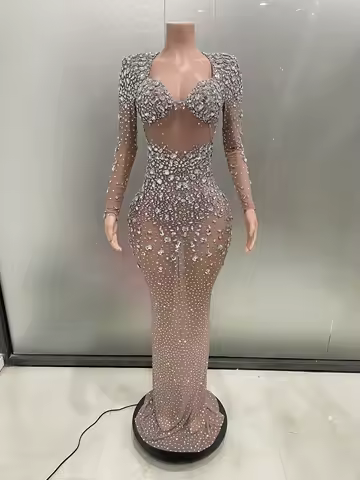 Luxury Evening Shinny Fancy Rhinestone Dress Performance Costume Women Prom Gown Club Party Celebrat