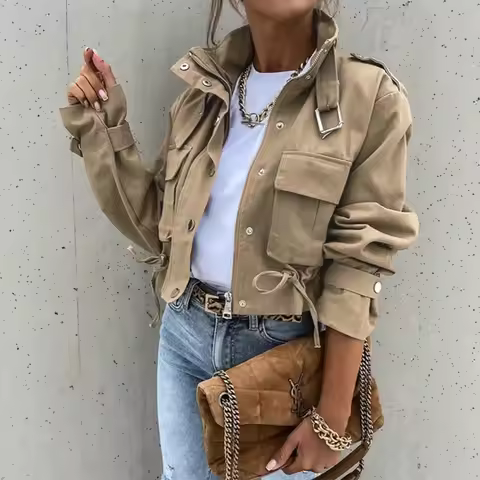2026 New Arrival Women's Anorak Jacket Long Sleeve Button Down Crop Top with Adjustable Drawstring &