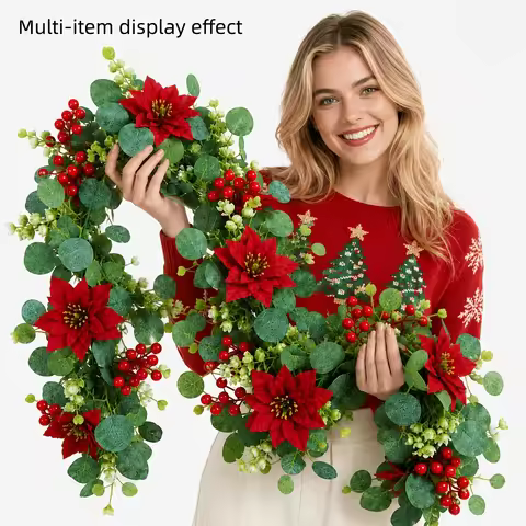 3PCS Red Poinsettia Eucalyptus Christmas Simulation Vine, Suitable for Fireplace Frames, Stair Handr