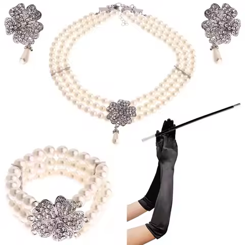 1950s Costume Women Fashion Jewelry Gatsby Cosplay Accessory Set Pearl Necklace Earring Glove Cigare