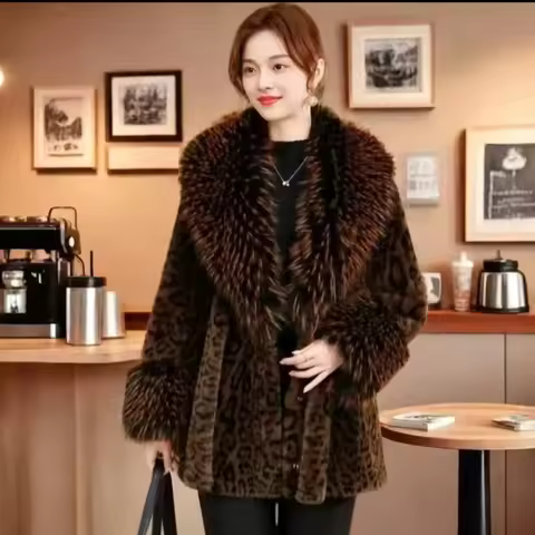 Leopard Print Fur Coat Women2025Autumn Winter New Long Fur-fur Integration Jacket Mao Mao Collar Ove
