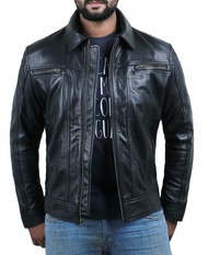 Men's Genuine Lambskin Leather Jacket (Black, Aviator Jacket) - 1501382