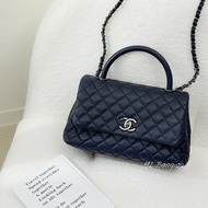 Chanel 深藍色荔枝皮復古銀釦coco handle28