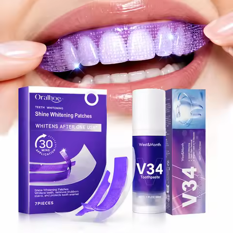 Teeth Color Correcting Set - V34 Toothpaste Mousse & Tooth Whitening Strips Brightening Dental Clean