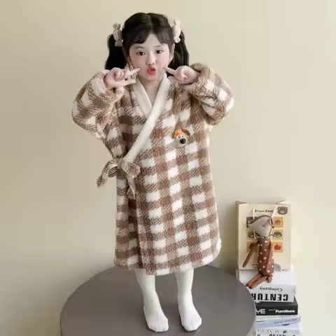Girls' Autumn Winter Robe Plaid Nightgown Comfortable Bathrobe Loose Loungewear Simple Kids Clothes