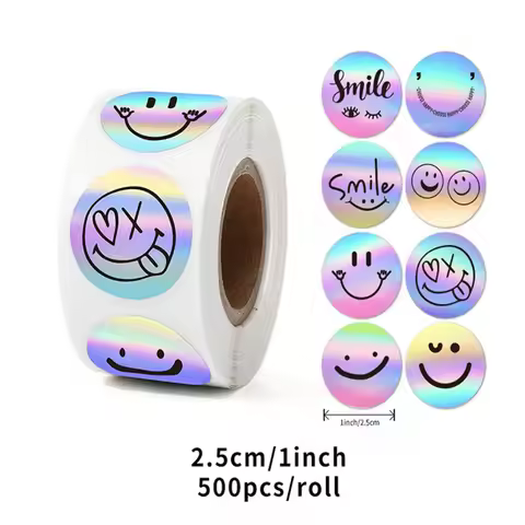 500 Stick/Roll Rainbow Laser stickers Smiley thanks sticker material Tape Decorative sealing sticker