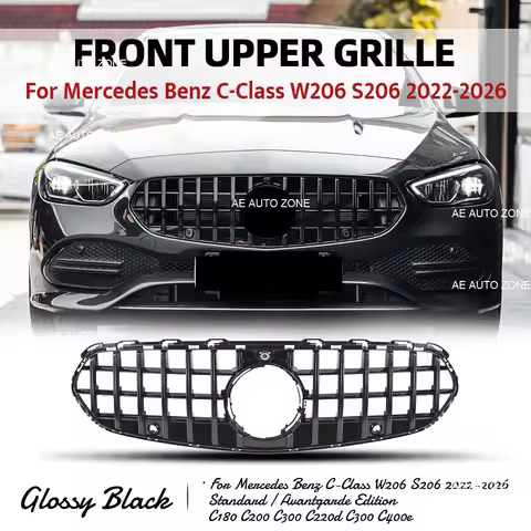 Black GT Front Grille For Mercedes Benz C-Class W206 S206 2022-2026 C180 C200 C300 C220d C400e Stand