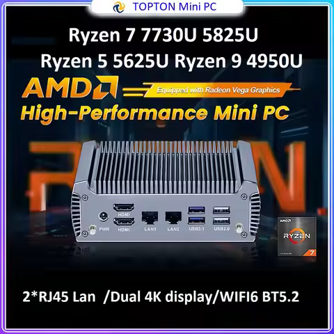 Topton Fanless Mini PC Gaming AMD Ryzen 7 7730U 5825U R9 4950U 5625U Office PC Dual LAN 2*HDMI NVMe 