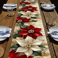 1pc, Linen Table Runner, Elegant Red Christmas Floral Table Runner With Golden Accents - Line, Recta