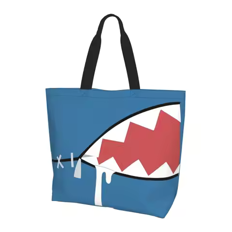 Gawr Gura Shark Mouth Shopping Tote Bag Canvas Large Capacity Shoulder Bags Shopper Grocery Handbag 