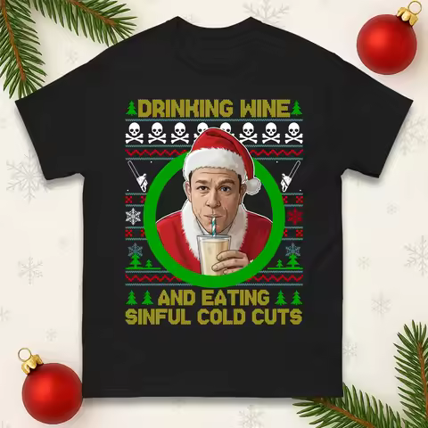 Men's 100% Cotton Ed Gein Drinking Wine T-shirt Merry Christmas Family Holiday Gift Man Woman Kid Da