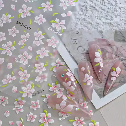 3 Sheets 5d Emboss Nail Art Decals Spring Summer Pink Camellia Flowers Self-Adhesive Nails Art Stick