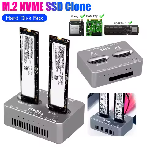 Dual-Bay M.2 NVME SSD Clone USB3.2 Type C External Hard Disk Box Gen2X 20Gbps M.2 SSD Enclosure M/B 