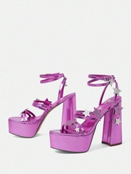 CUCCOO SZL 女式高跟防水平台紫色閃粉星星綁帶涼鞋