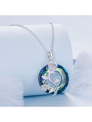 925純銀藍色玻璃天使戒指＆閃耀的玫瑰項鍊鏈，女士鍍白金原創時尚優雅精細珠寶 1件