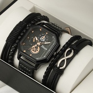 Classic Man Fashion Creative Leather Strap Quartz Watch With 3 Dials Korean Style Watch Bracelet Set For Men