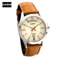 Velashop นาฬิกาข้อมือผู้ชายคาสิโอ Casio Standard สายหนังน้ำตาล หน้าปัดสีทอง รุ่น MTP-1381L-9AVDF MTP