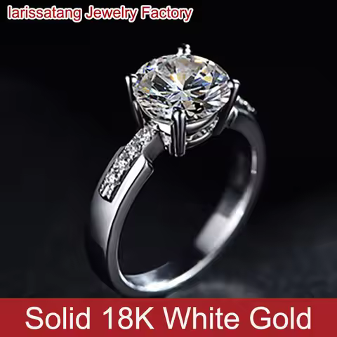 Custom Real Solid 18K White Gold Ring Women Wedding Anniversary Engagement Party Ring Round Moissani