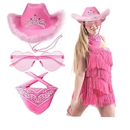 Cowgirl Hat Set Party Costume Accessories Pink White Black Cowboy Hat Glasses Bandana