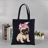 Pug Anatomy Harajuku Shopping Black Bags Canvas Tote Bag Cute Cartoon Dog Pet Mom Reusable Cloth Bag