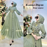 Gamis Muslim Ceruty Babydol Mix Bordir Timbul Warna Sage Green LD 110 Elmira Dress Gaun Bridesmaid P