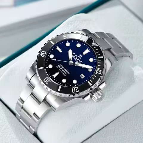 OBLVLO Fashion Brand Diving Automatic Watch Green Dial Stainless Steel Luminous Waterproof Mechanica