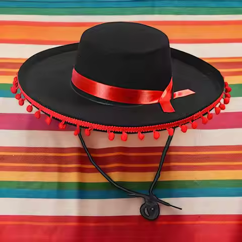 Wide-Brimmed America Sombrero Hat With Pom-Poms Brim Mexican Fun Top Hat Spanish Outfit Accessories 