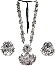 Indian Silver Oxidized Ethnic Fashion Handmade Statement Tibetan Kutchi Afghani Tribal Tassel Oxidized Long Ghungroo Necklace Earrings Set, thread - adjustable, Metal