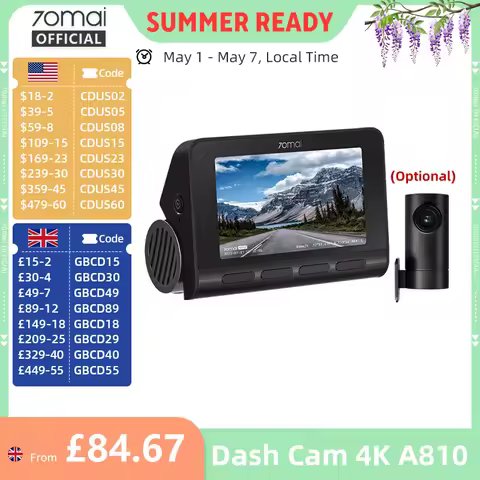 70mai 4K Dash Cam A810 Front Rear Set Suppor 4G Module LTE UP04 Remote Control GPS ADAS Car DVR 70ma