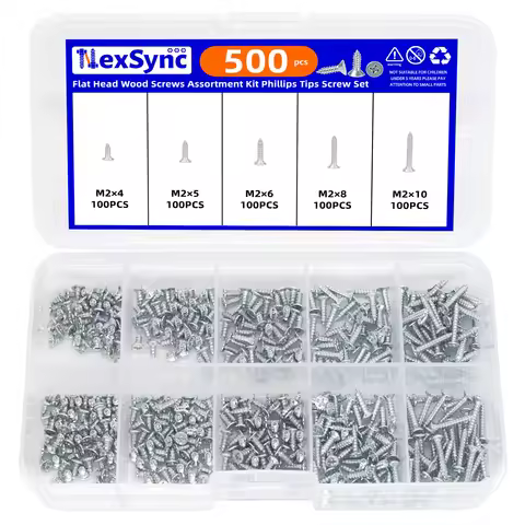 500pcs Flat Head Wood screws Assortment kit Phillips Tips screw set M2x4 M2x5 M2x6 M2x8 M2x10 Self-t
