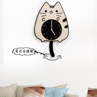 Cat Wagging Tail Wall Clock Wooden Cartoon Wall Silent Clock Children's Room Bedroom Creative Clock 