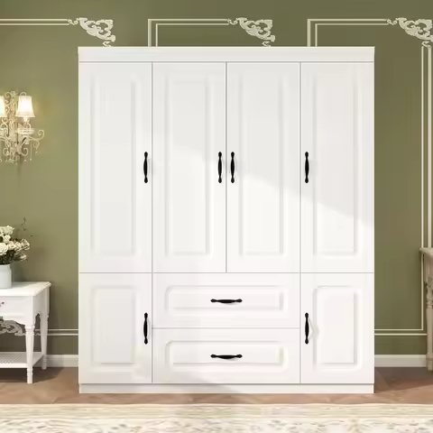 Wardrobe Closet: White Wood Large Bedroom Armoires Wood Wardrobe Cabinet with 4 Door 2 Drawers Tall 