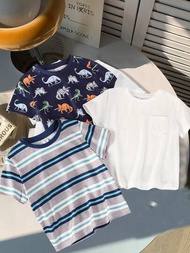 男童夏日上衣，休閒短袖圓領針織T卹，適用於遊戲和戶外活動，條紋、恐龍和單色印花款，透氣，3件裝（每種顏色各1件）