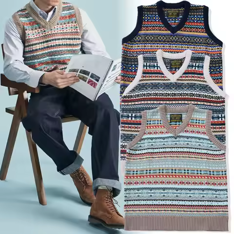 American Vintage Casual 65% Wool British Retro Fair Isle Pattern Base-Layer Vest - Wool Blend V-Neck