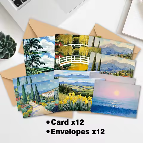 24 pcs Landscape Illustration Greeting Card Set with Envelopes, DIY Invitation Cards, Multifunctiona