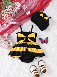 嬰兒女童條紋蜜蜂造型服裝,配有蝴蝶結裝飾